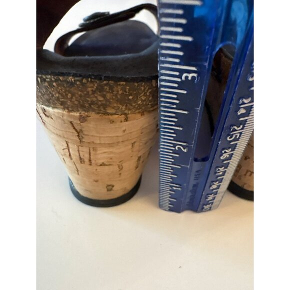 Taos Black Leather Carousel Wedge Sandals W/Cork Heel Size 38 US 8 - Picture 9 of 9